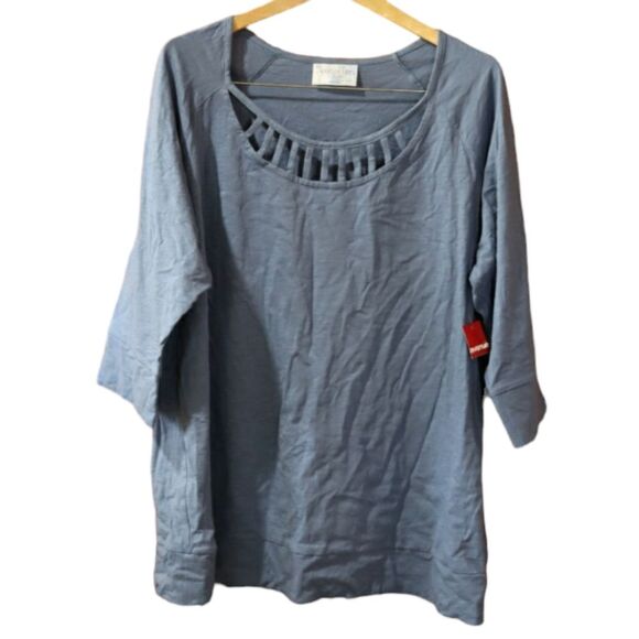 Avenue Necessi Tees Slate Blue Cage Neck 3/4 Sleeve Top NWT 22/24 - Picture 1 of 10